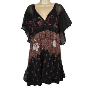 Vtg Bebe Bubble Paisley Oversized Elastic Silk Dress Boho Beach Y2K Floral Large